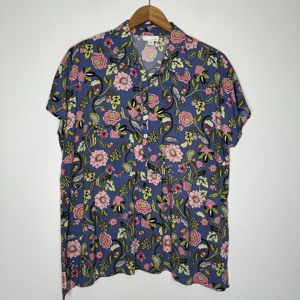 J Jill Popover Top Blue Floral Print Short Sleeve Medium Petite